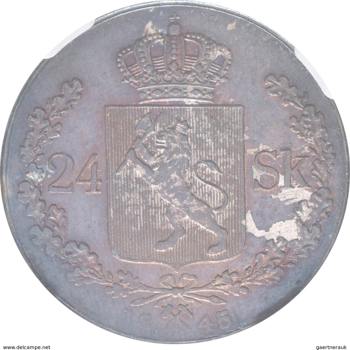 Norwegen: Oskar I. 1844-1859: 24 Skilling 1845, KM# 315.1, In NGC-Holder AU Details, Rev. Damage, Wu - Norvège