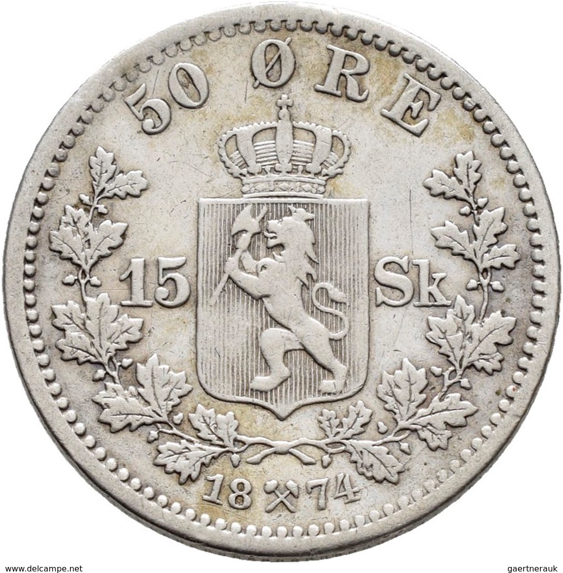 Norwegen: Oscar II. 1872-1905: Lot 3 Münzen: 10 Öre / 3 Sk. 1874, KM# 345; 50 Öre / 15 Sk. 1874, KM# - Norvège