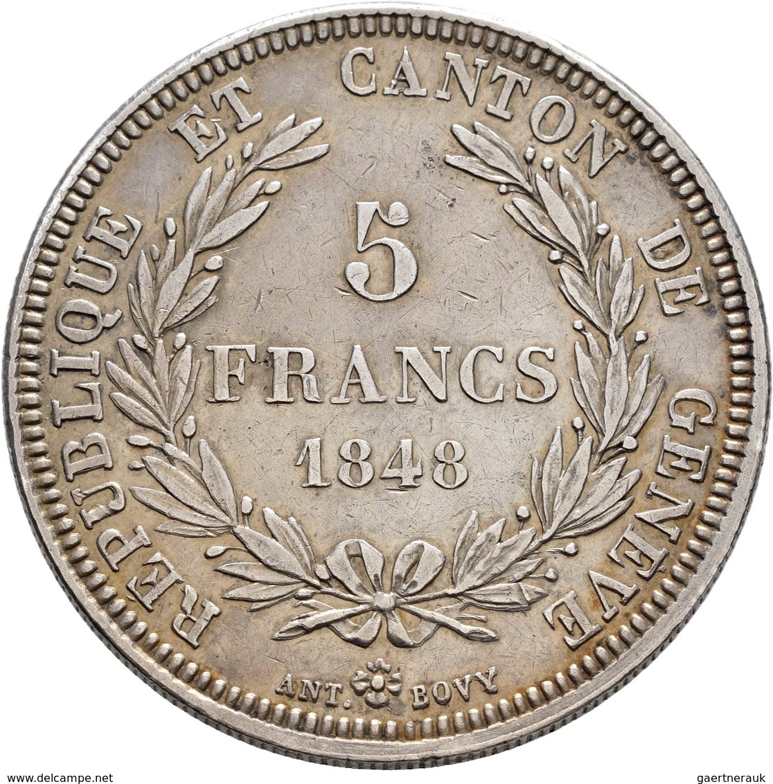 Schweiz: Genf: 5 Francs 1848, HMZ 2-364a, 25,78 G, Auflage: 1.176 Exemplare, Kleine Kratzer Und Klei - Andere & Zonder Classificatie