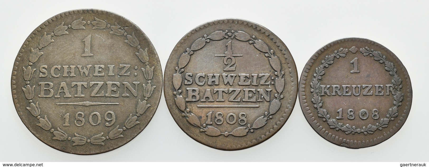 Schweiz: Thurgau-Kanton: Lot 3 Stück; 1 Batzen 1809, 1/2 Batzen 1808, 1 Kreuzer 1808, Sehr Schön. - Andere & Zonder Classificatie