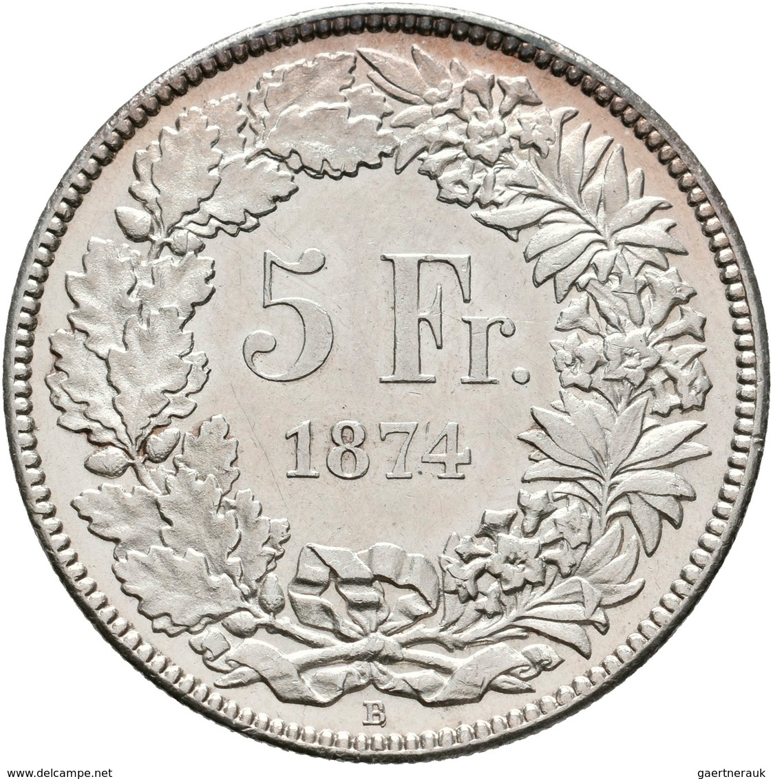 Schweiz: 5 Franken 1874 B (Bern), HMZ 2-1197 D, Divo 47, Vorzüglich. - Andere & Zonder Classificatie