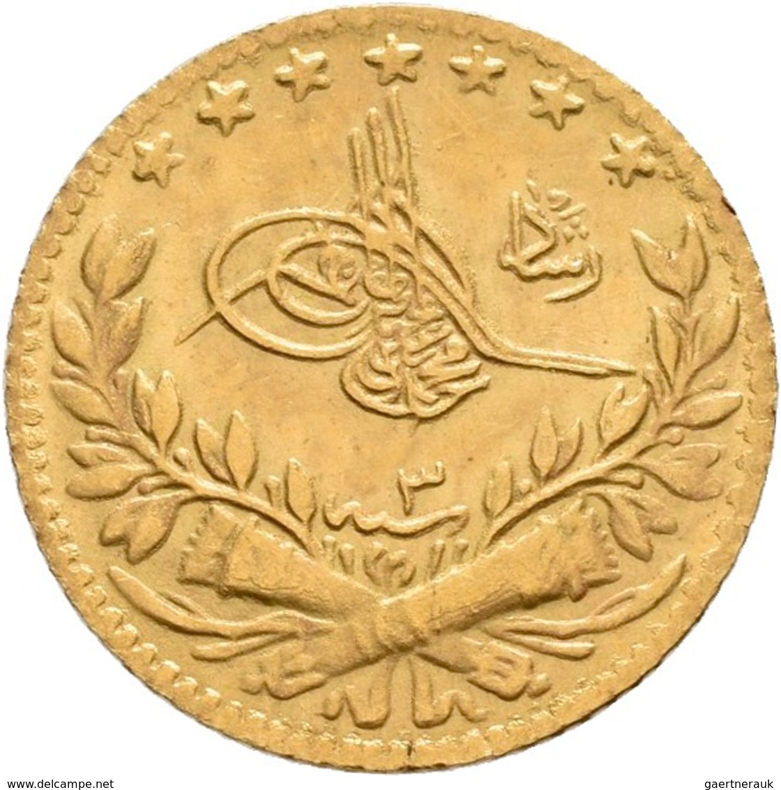 Türkei - Anlagegold: Muhammad V. AH 1327-1336 (1909-1918): Gold, 25 Kurush AH 1327, Jahr 3; 0,96 G, - Turkije