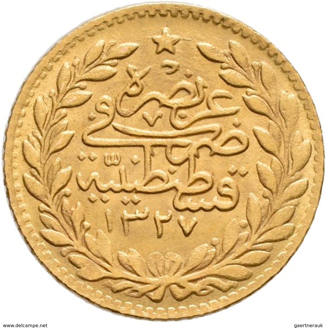 Türkei - Anlagegold: Muhammad V. AH 1327-1336 (1909-1918): Gold, 25 Kurush AH 1327, Jahr 3; 0,96 G, - Turquie