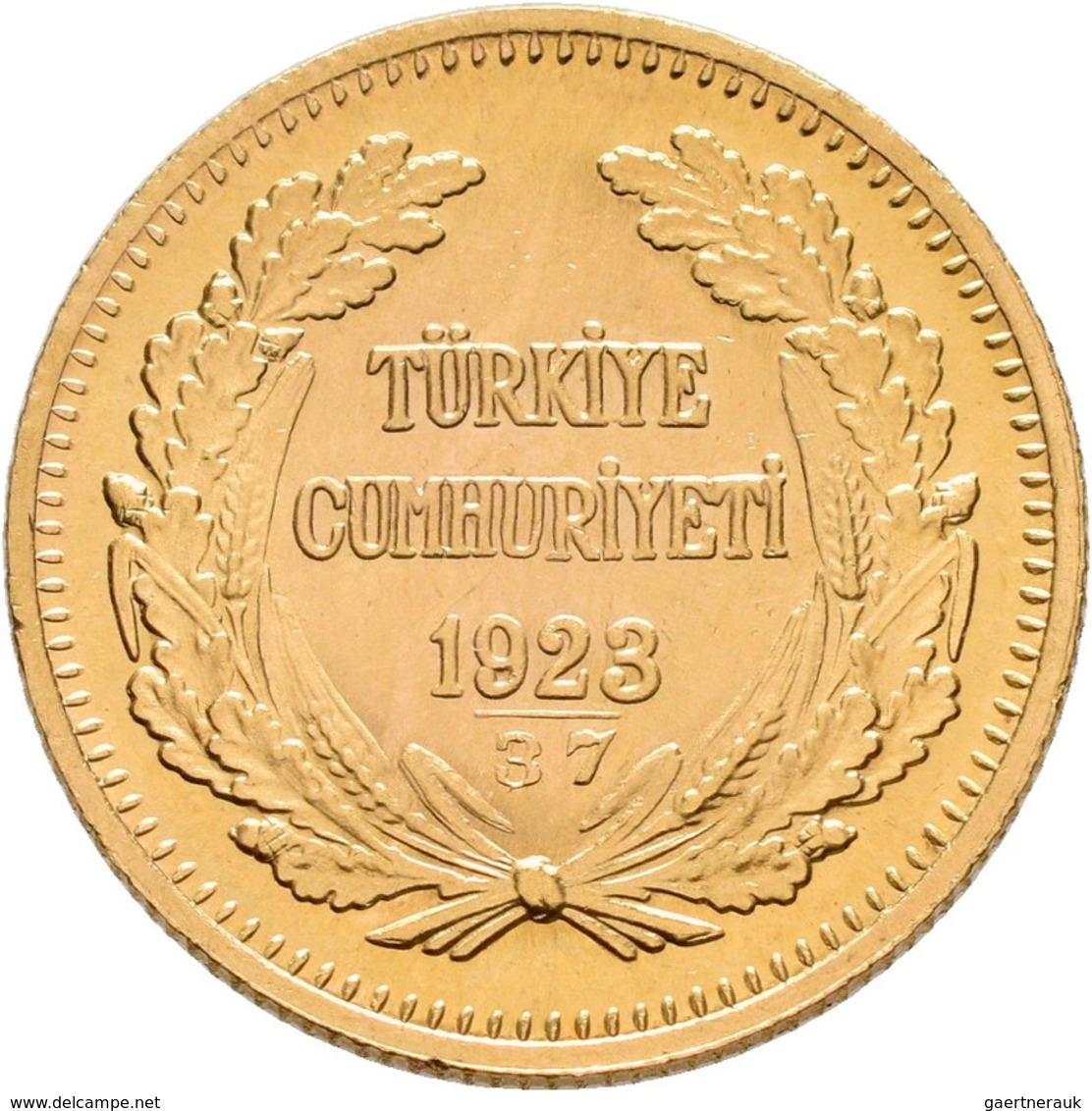 Türkei - Anlagegold: 100 Kurush 1923/37, Gold 917/1000, 7,22 G, KM# 855, Friedberg 205 (91), Vorzügl - Turquie