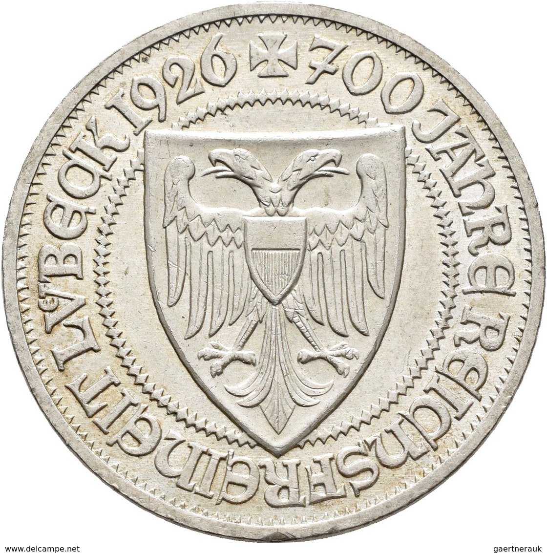 Weimarer Republik: 3 Reichsmark 1926 A, Lübeck, Jaeger 323, Kratzer, Sehr Schön. - Sonstige & Ohne Zuordnung