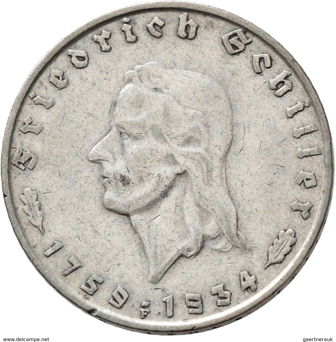Drittes Reich: Lot 2 Münzen: 2 Reichsmark 1934 F, Schiller, Jaeger 358, Sehr Schön Und 5 Reichsmark - Andere & Zonder Classificatie