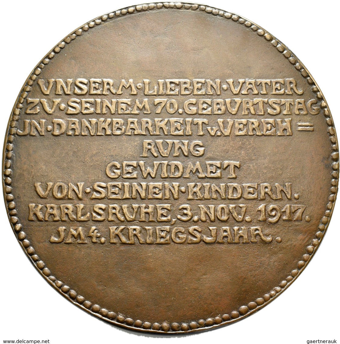Medaillen Deutschland: Karlsruhe: Bronzegußmedaille 1917 Von A. Walder, Auf Den 70. Geburtstag Des K - Autres & Non Classés