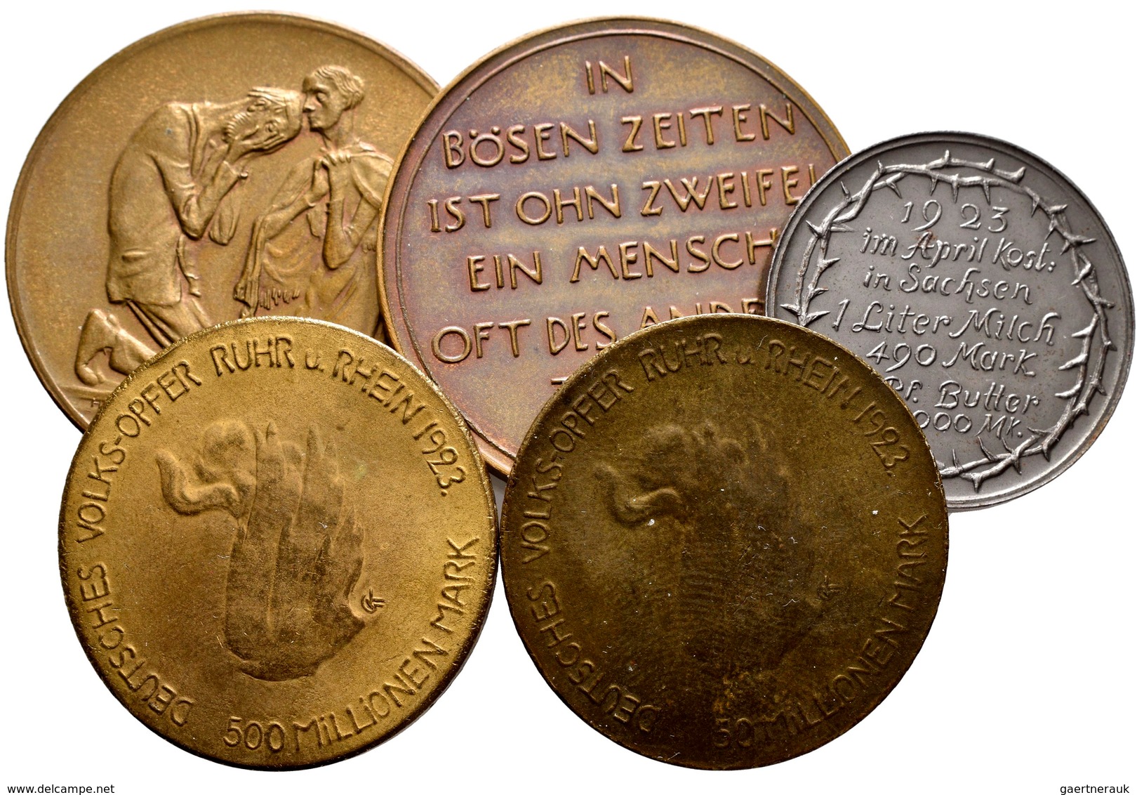 Medaillen Deutschland: Lot 5 Medaillen Auf Die Not- Und Teuerung Im Jahr 1923, Sehr Schön, Sehr Schö - Andere & Zonder Classificatie