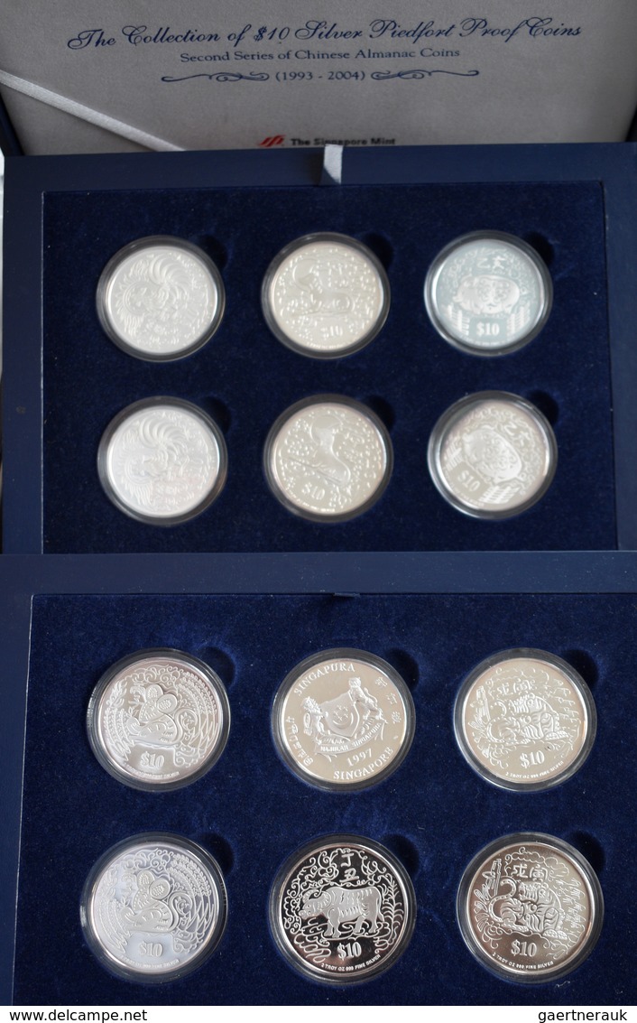 Singapur: Silver Proof Lunar Piedfort Set Bestehend Aus 12x10 Dollars 1993-1998, Silber 999, Je 62,2 - Singapore