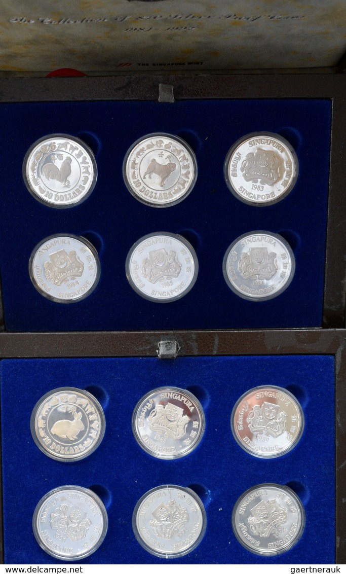 Singapur: Silver Proof Lunar Set Bestehend Aus 12x10 Dollars 1981-1992, Mit Zertifikaten,Verpackung - Singapore