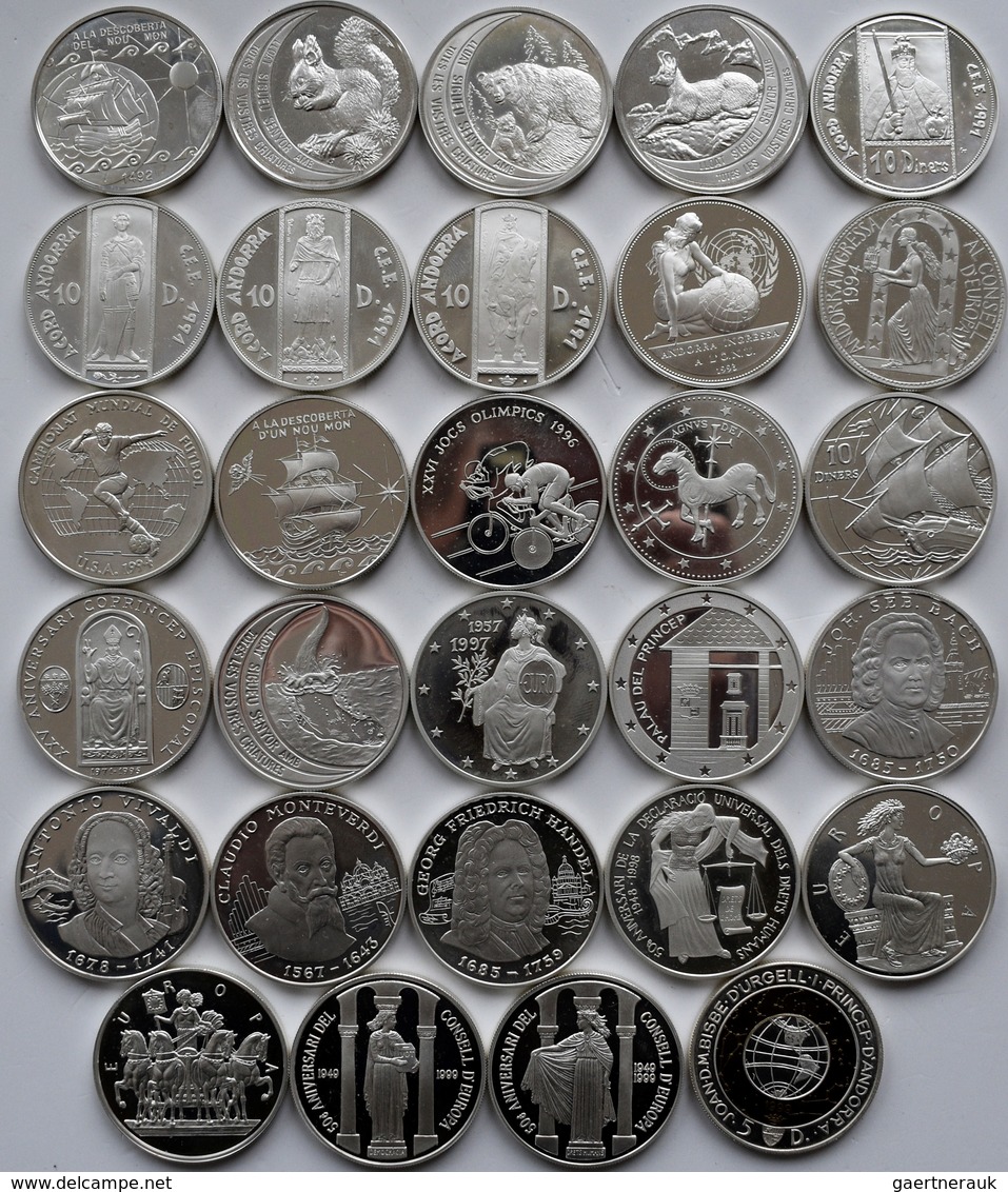 Andorra: Lot 29 Gedenkmünzen 1992-1999, Davon 28 X 10 Diners. Verschiedene Motive, Alle Aus Silber. - Andorra