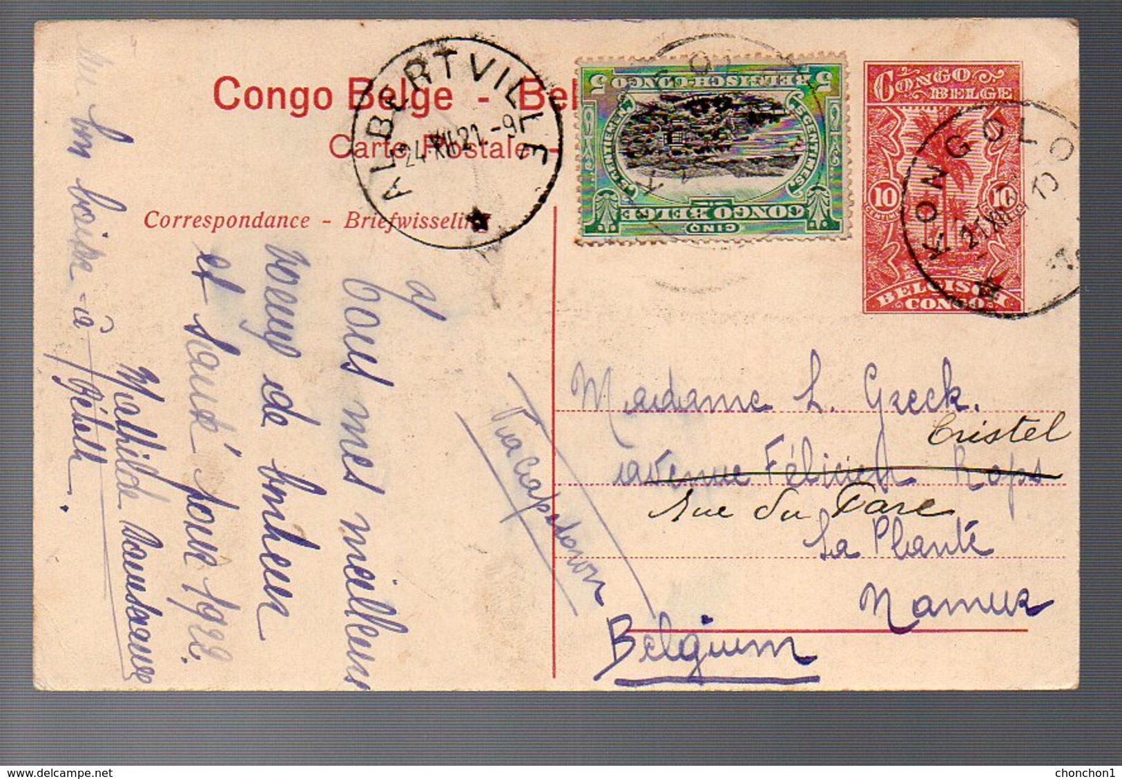 CONGO - ENTIER STIBBE 43 - VUE 46 - KONGOLO + ALBERTVILLE Type 5 Vers NAMUR - 1921 - TB - PL8 - Entiers Postaux