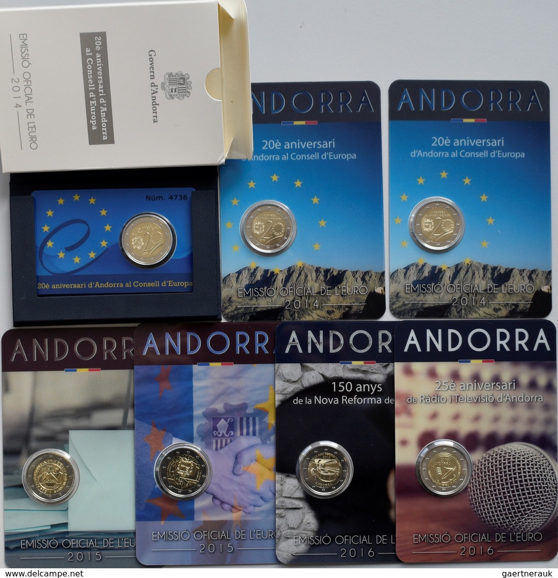Andorra: Lot 7 Diverse 2 Euro Gedenkmünzen: 3 X 2014, Davon 1x Polierte Platte; 2 X 2015, 2 X 2016. - Andorra