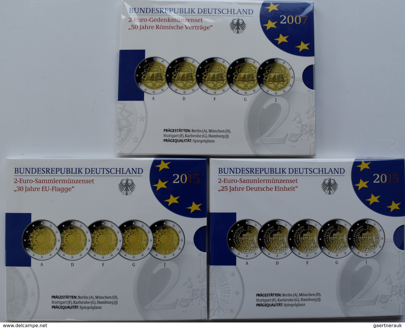 Deutschland: 3 X 2-Euro-Sammlermünzenset In Spiegelglanz: 2007 Römische Verträge, 2015 Deutsche Einh - Deutschland
