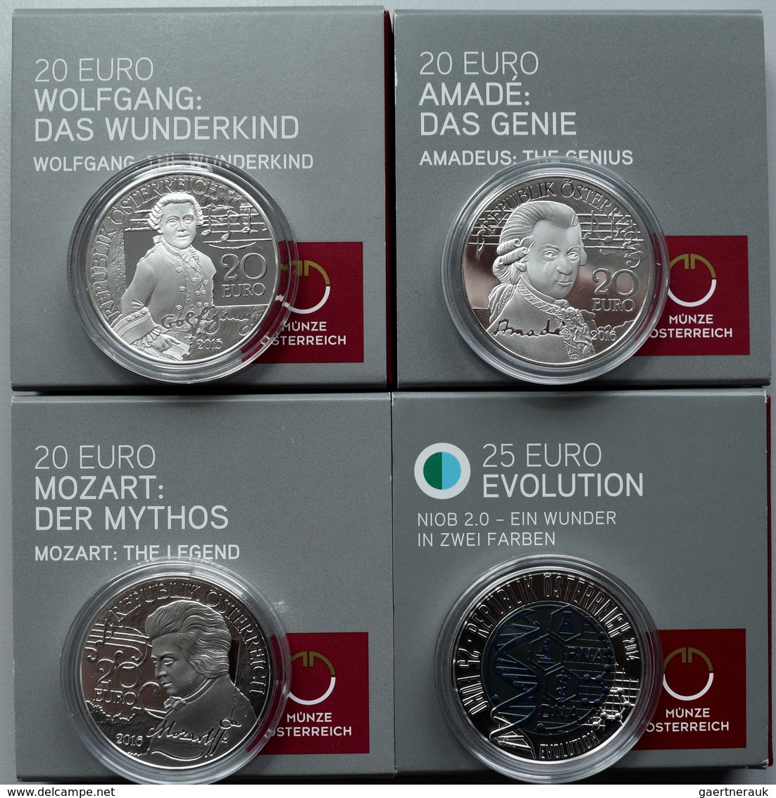 Österreich: Lot 4 Münzen: 25 Euro Niob Evolution, 20 Euro 2015 Wolfgang Das Wunderkind, 2016 Amadeus - Oesterreich