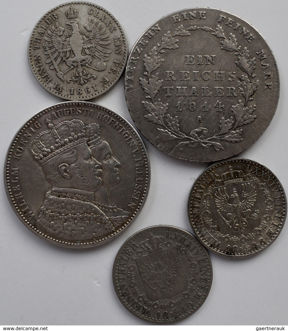 Preußen: Lot 5 Silbermünzen Preußen: Reichstaler 1814, Krönungstaler 1861 Und 3 Silber Kleinmünzen. - Autres & Non Classés
