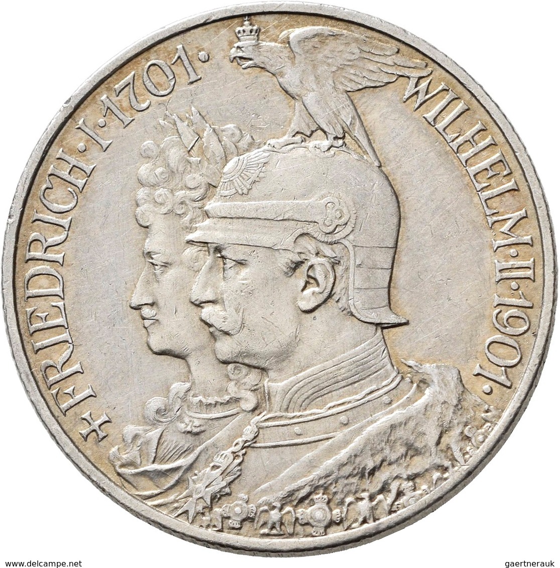 Umlaufmünzen 2 Mark bis 5 Mark: Preussen: Lot 7 Stück; 5 + 3 Mark 1901 (200 Jahrfeier); 3 + 2 Mark 1