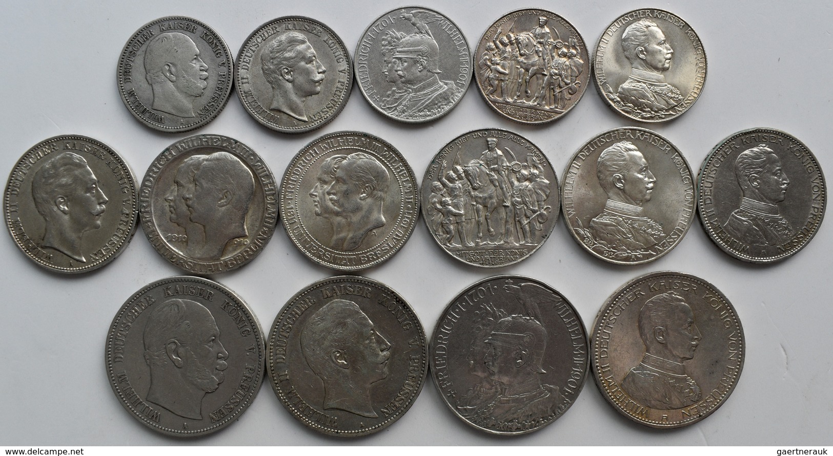 Preußen: Lot 15 Münzen, Dabei 5 X 2 Mark, 6 X 3 Mark Und 4 X 5 Mark Aus Preußen, Jede Münze Anders. - Taler En Doppeltaler