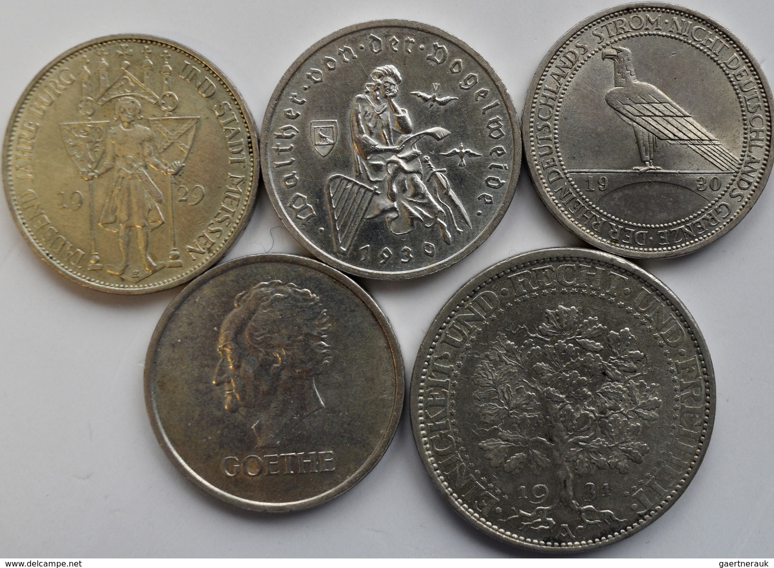 Weimarer Republik: Lot 5 Münzen: 3 Reichsmark Meißen, Vogelweide, Rheinlandräumung, Goethe; 5 Reichs - Andere & Zonder Classificatie