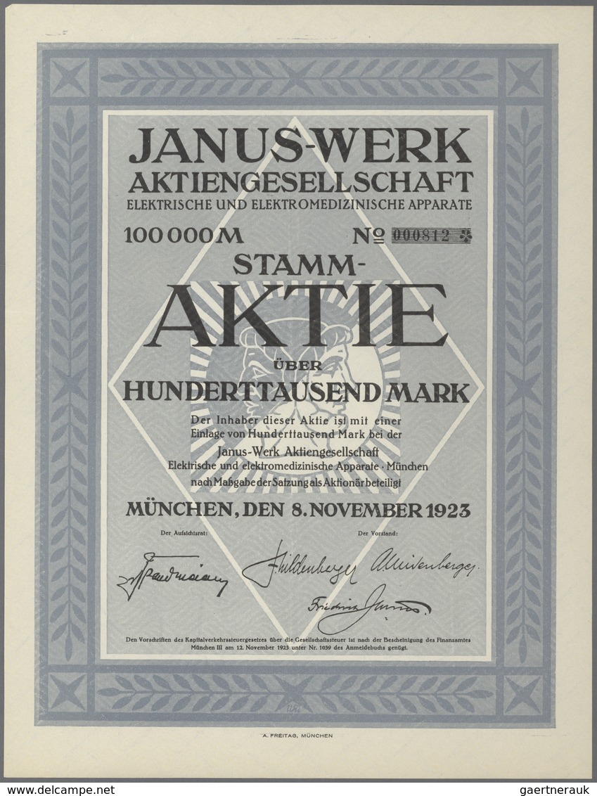 Alte Aktien / Wertpapiere: Lot 8 Aktien 8.11.1923 Der Janus-Werk AG München, 5 X 20.000 Mark Und 3 X - Sonstige & Ohne Zuordnung