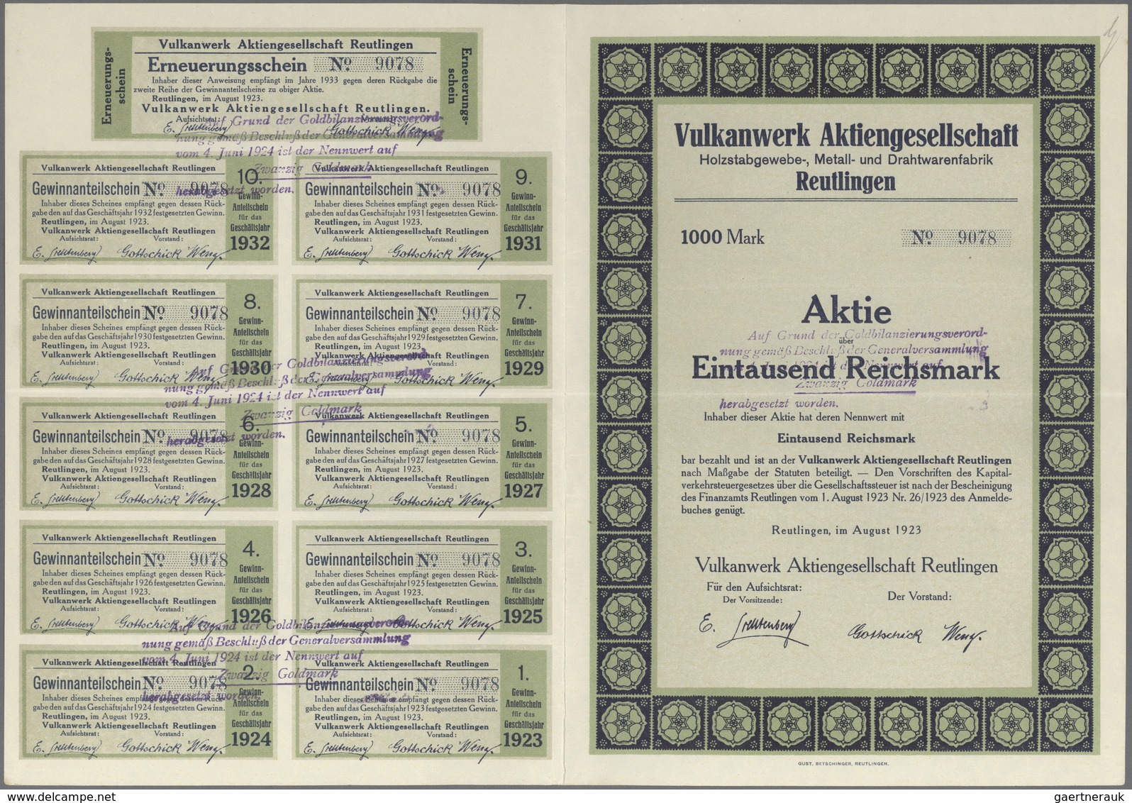 Alte Aktien / Wertpapiere: 1923: Vulkanwerk Aktiengesellschaft Reutlingen, Aktie über 1.000 Reichsma - Andere & Zonder Classificatie