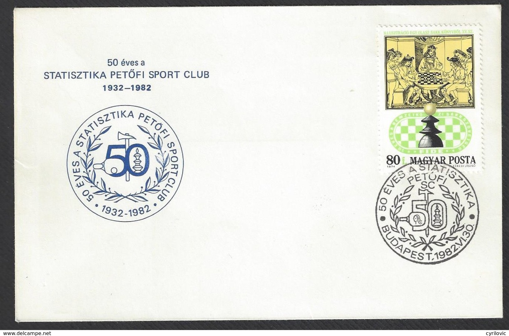 Chess, Hungary Budapest, 30.06.1982, Special Cancel & Cachet On Envelope, 50th Anniversary Of Sports Club - Echecs