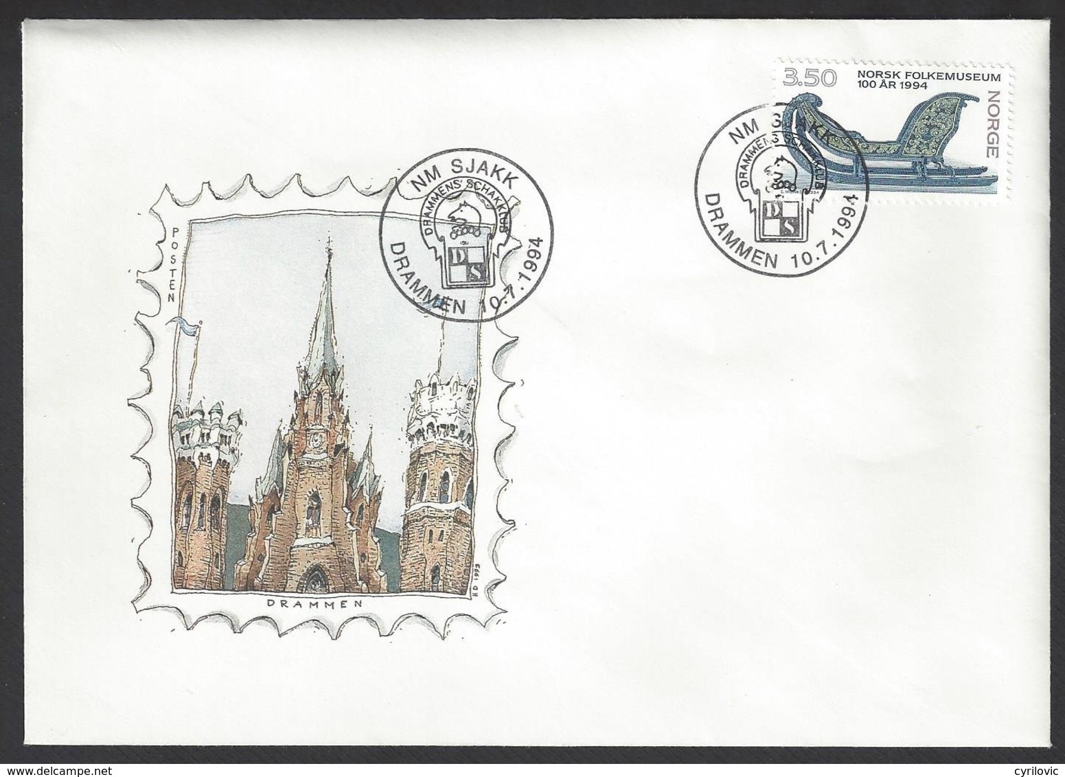 Chess, Norway Drammen, 10.07.1994, Special Cancel & Cachet On Envelope - Echecs