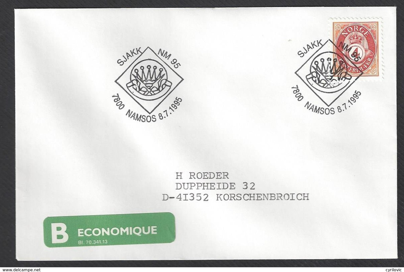 Chess, Norway Namsos, 08.07.1995 Special Cancel On Envelope - Echecs