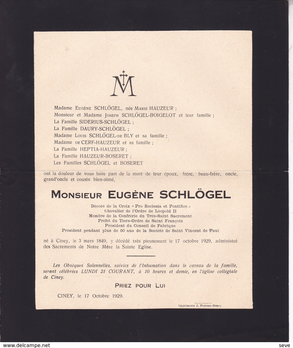 CINEY Eugène SCHLÖGEL Président Conseil De Fabrique 1849-1929 Famille HAUZEUR De CERF HEPTIA - Overlijden