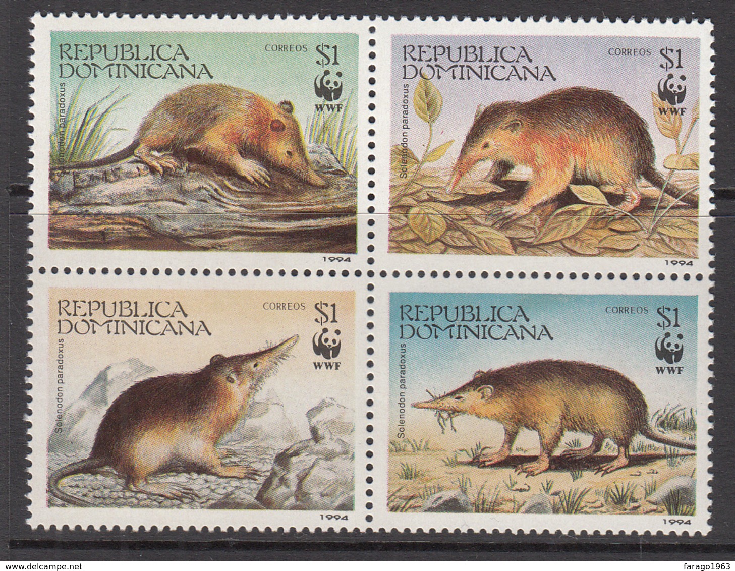 1994 Dominican Republic Dominicana  WWF Rodent Complete Block Of 4 MNH - Dominicaine (République)