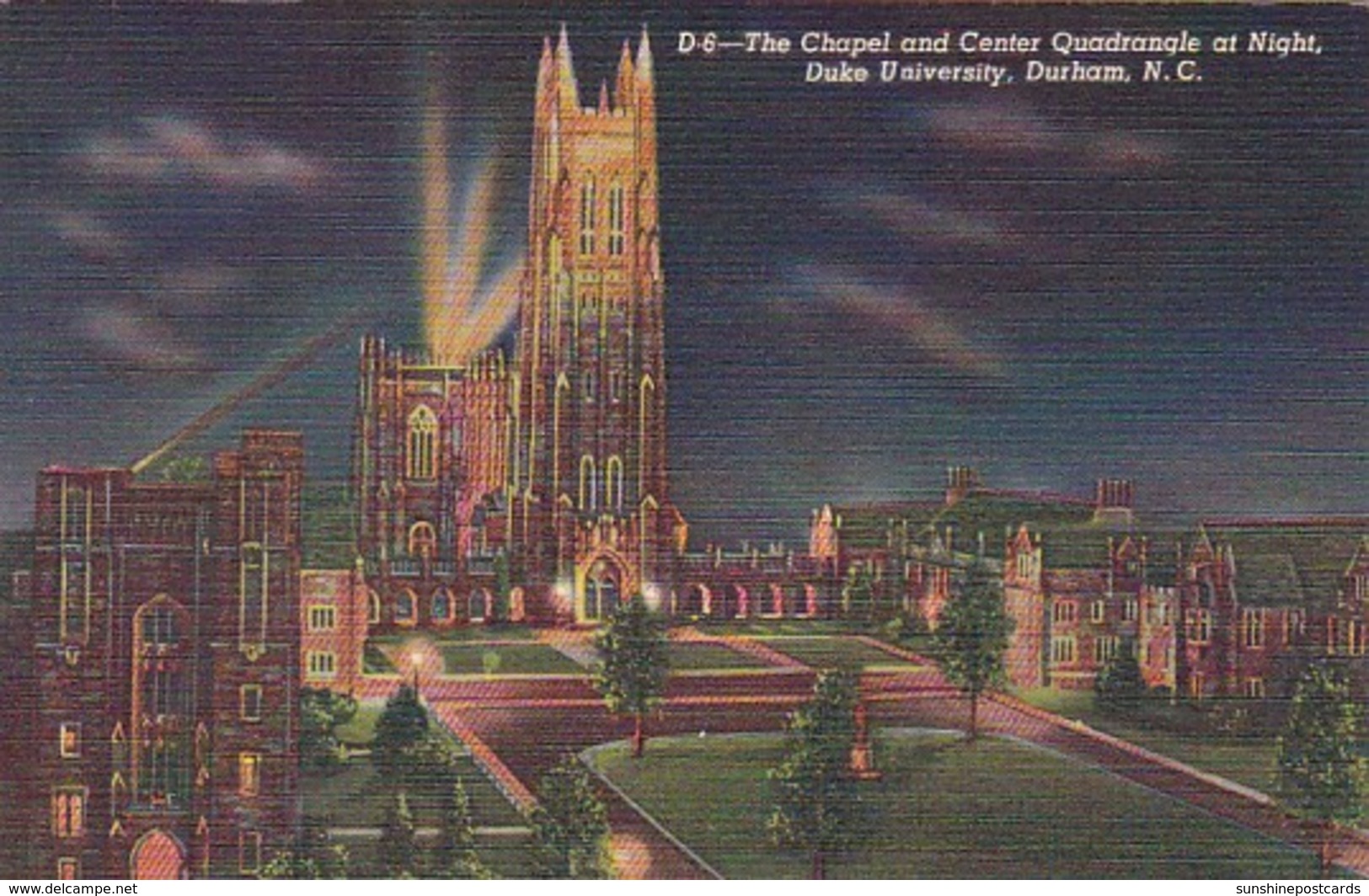 North Carolina Durham The Chapel And Center Quadrangle At Night Duke University 1947 Curteich - Durham