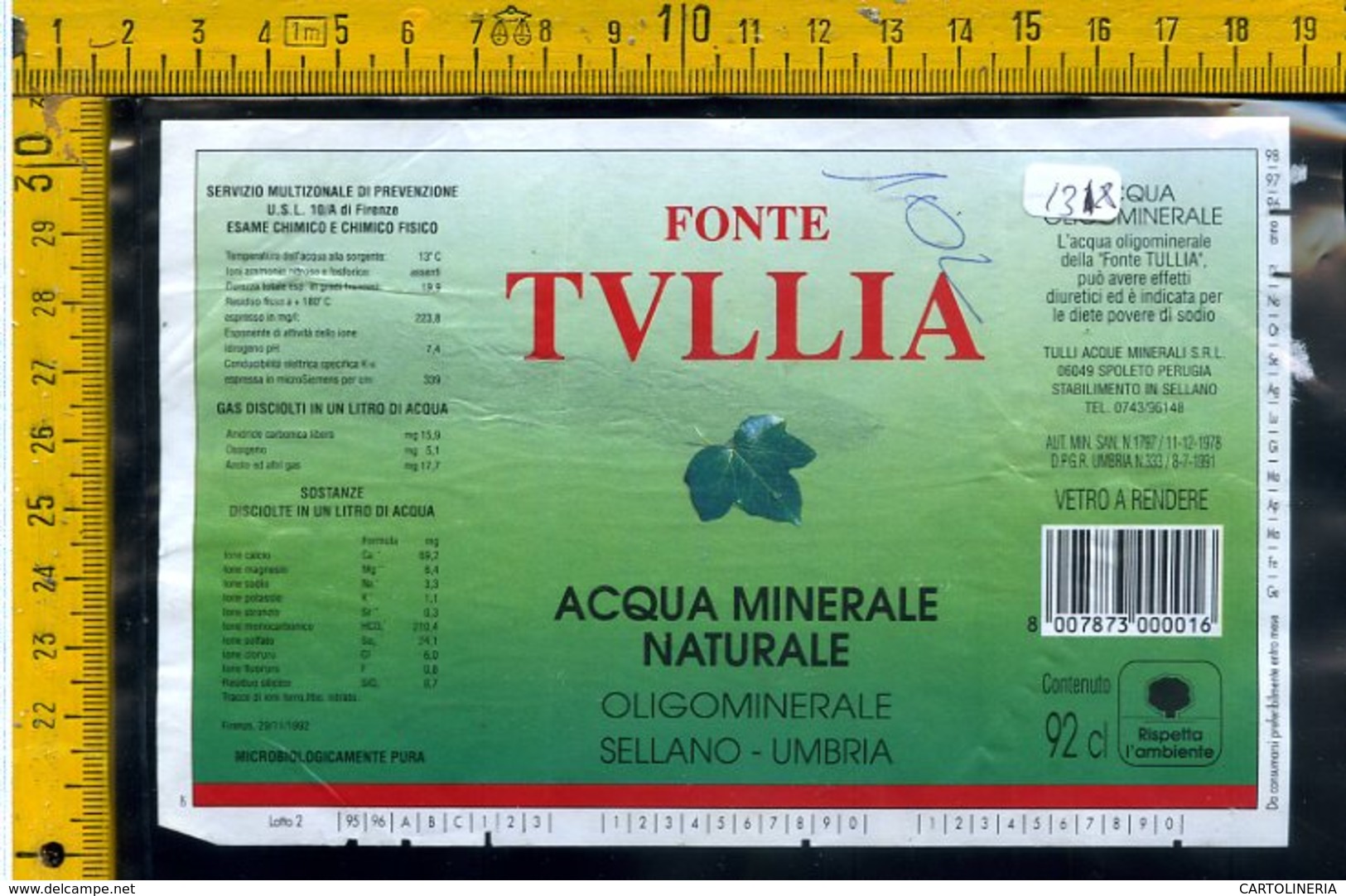 Etichetta Acqua Minerale Fonte Tullia Sellano Perugia - Altri & Non Classificati