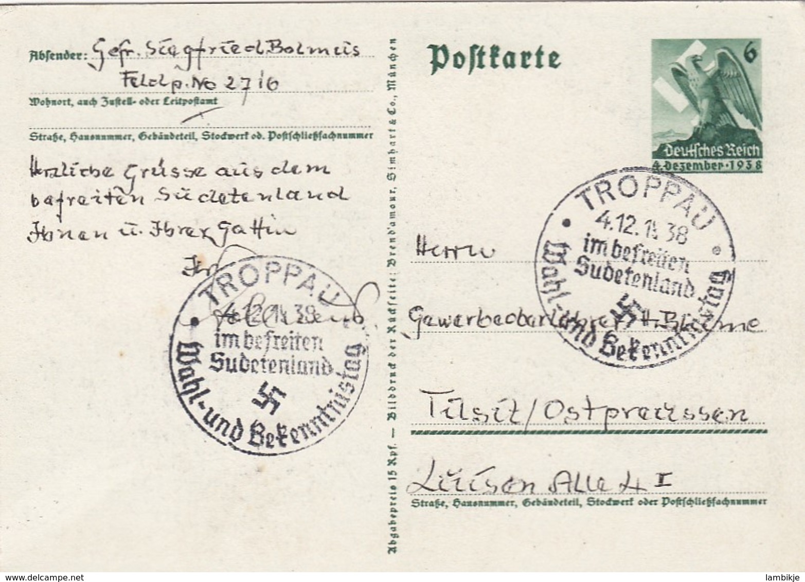 Deutsches Reich Postkarte P275 1938 - Briefe U. Dokumente