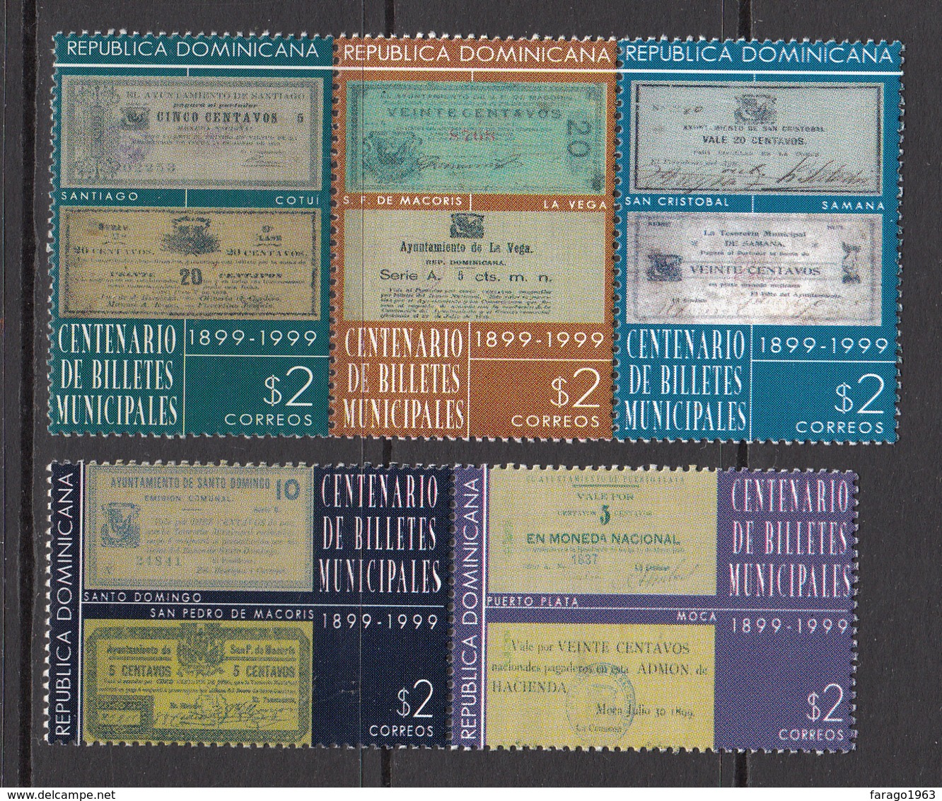 1999 Dominican Republic Dominicana  Municipal Notes Banknotes Monnaie Complete Set Of 5  MNH - Dominicaine (République)