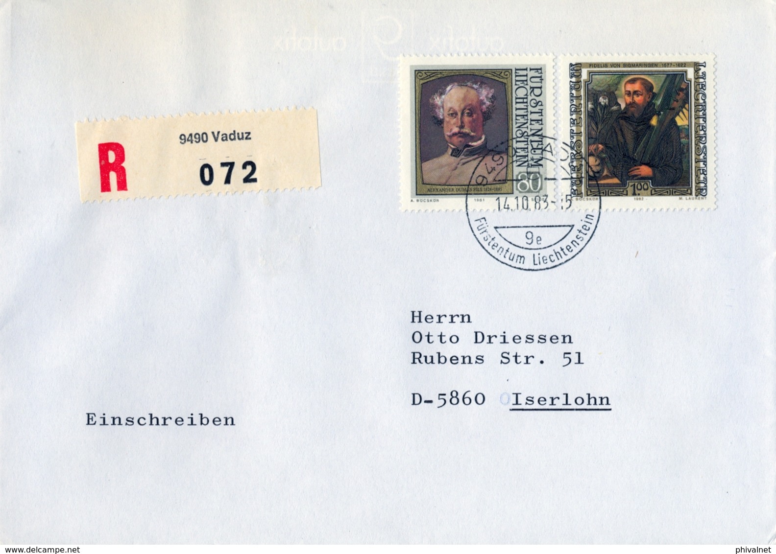 1983 , LIECHTENSTEIN , SOBRE CERTIFICADO , VADUZ - ISERLOHN - Cartas & Documentos