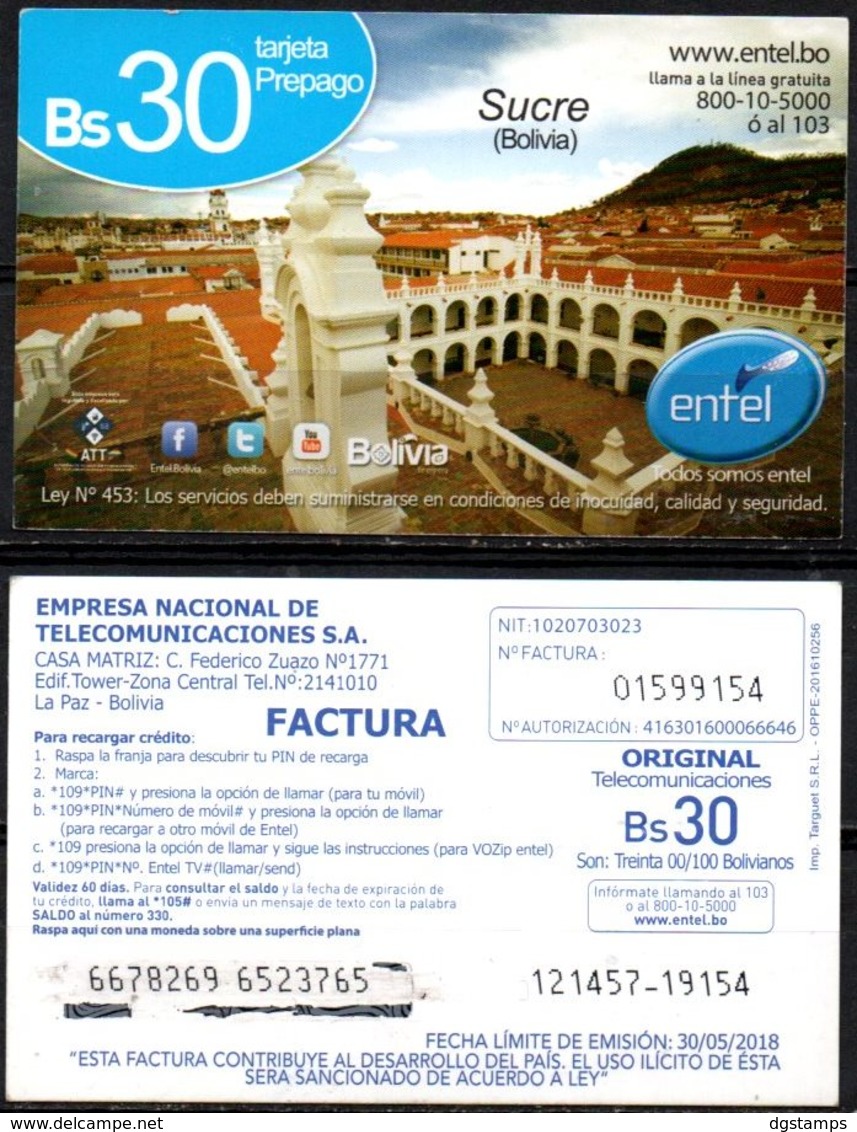 Bolivia 2017 - 30-05-2018 PRIMERA EDICION Prepago ENTEL MOVIL. Sucre, Capital Dela República. Ciudad Blanca. - Bolivien
