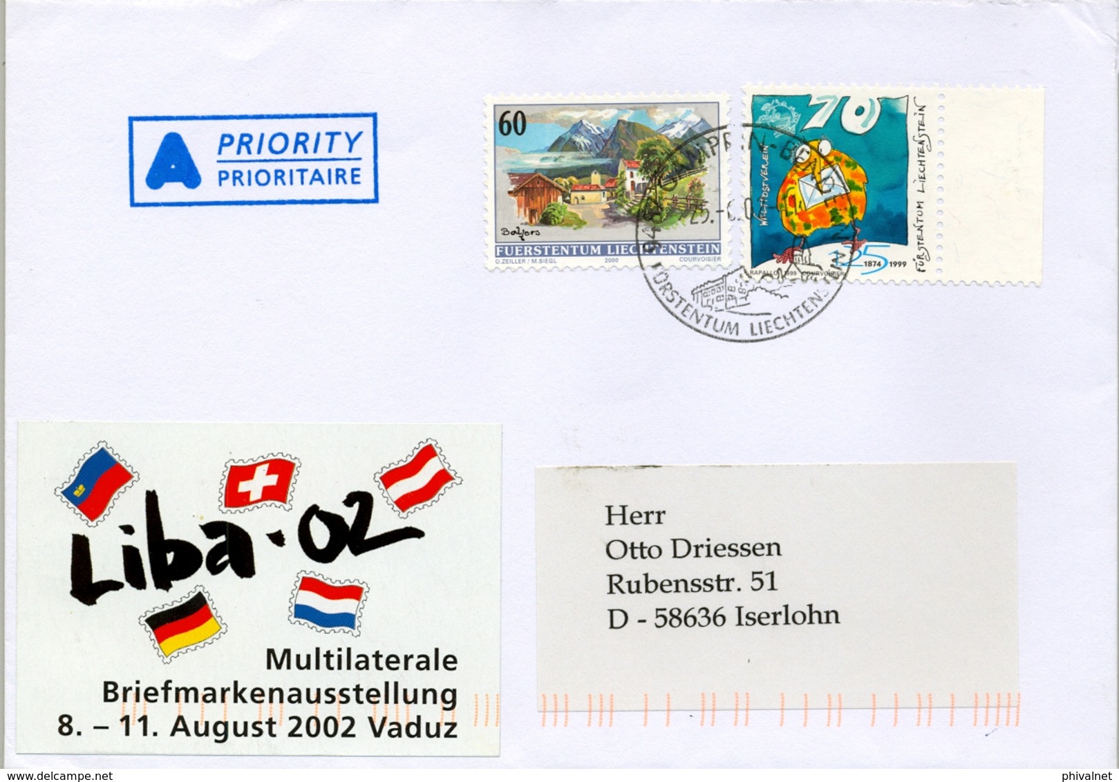 2002 , LIECHTENSTEIN , SOBRE CIRCULADO , ETIQUETA LIBA 02 , VADUZ - Lettres & Documents