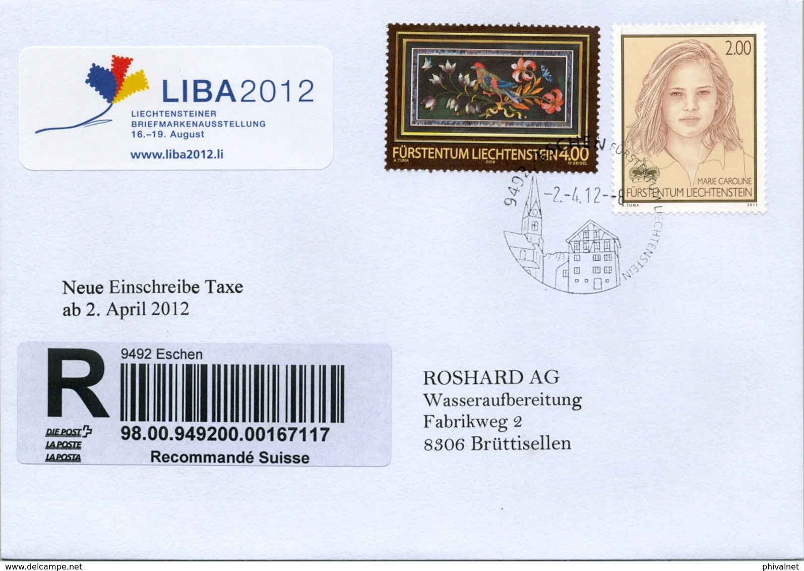 2012 , LIECHTENSTEIN , SOBRE CERTIFICADO , ESCHEN - BRÜTTISELLEN , LIBA 2012 - Cartas & Documentos