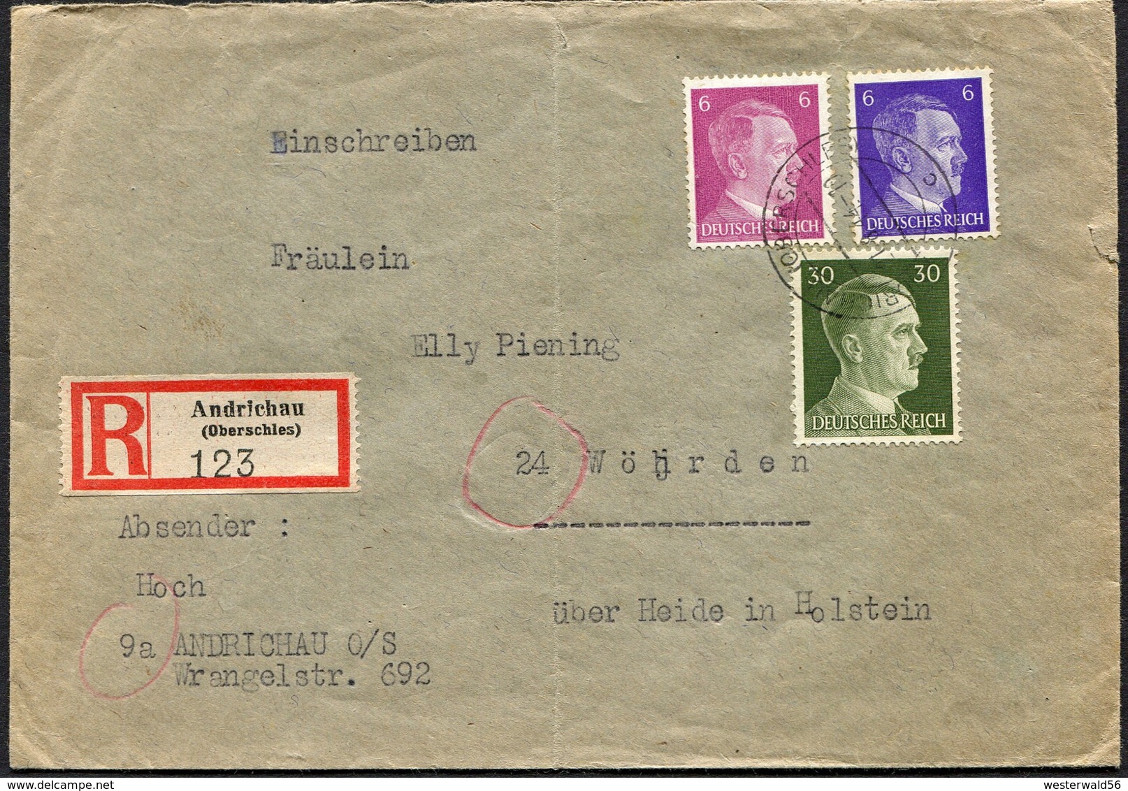 (1828) R-Brief Deutsches Reich Hitler Aus 9a ANDRICHAU, Poln. Andrychów, Oberschlesien, 21.8.1944 - Briefe U. Dokumente