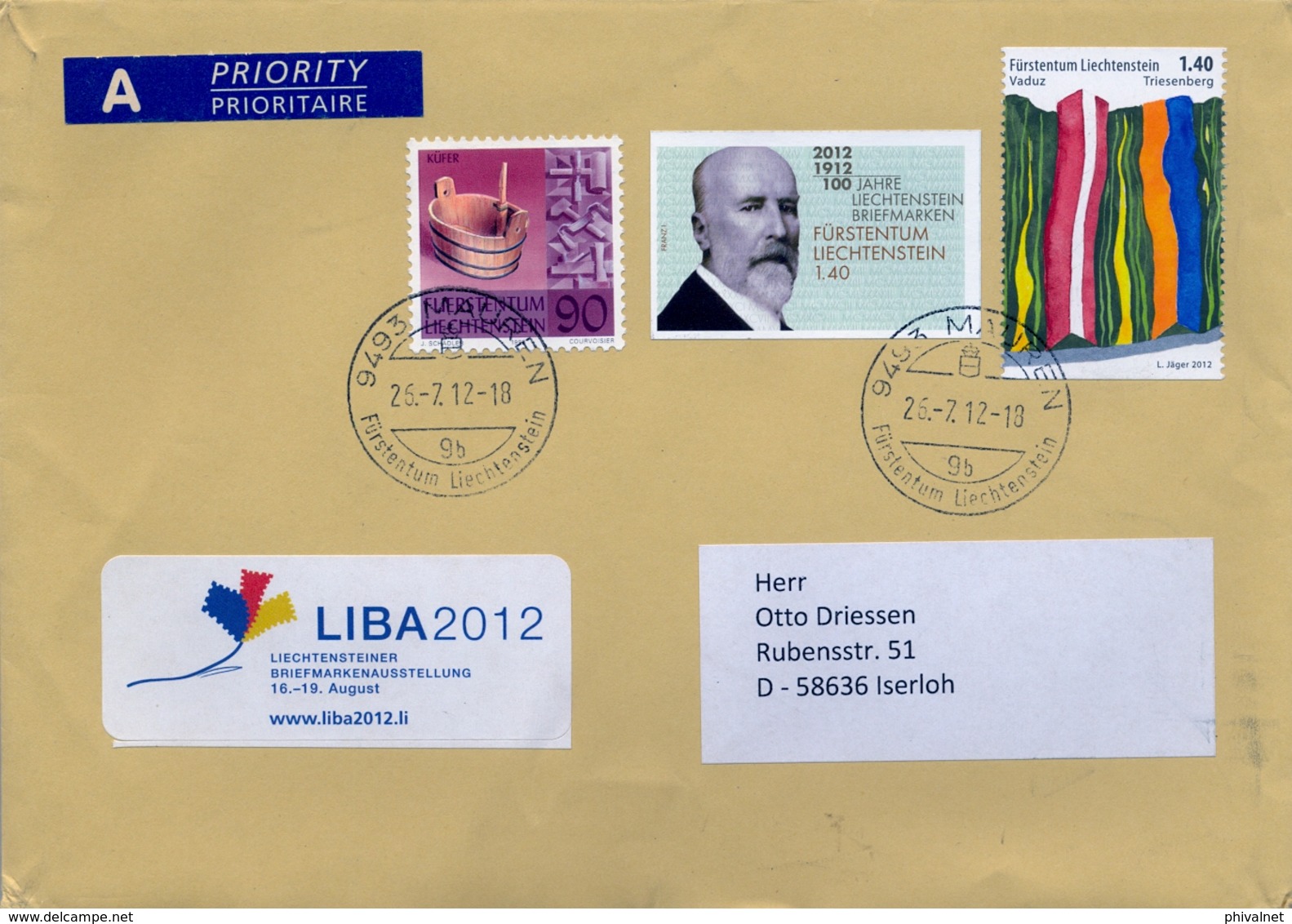 2012 , LIECHTENSTEIN , SOBRE CIRCULADO , MAUREN - ISERLOH - Cartas & Documentos
