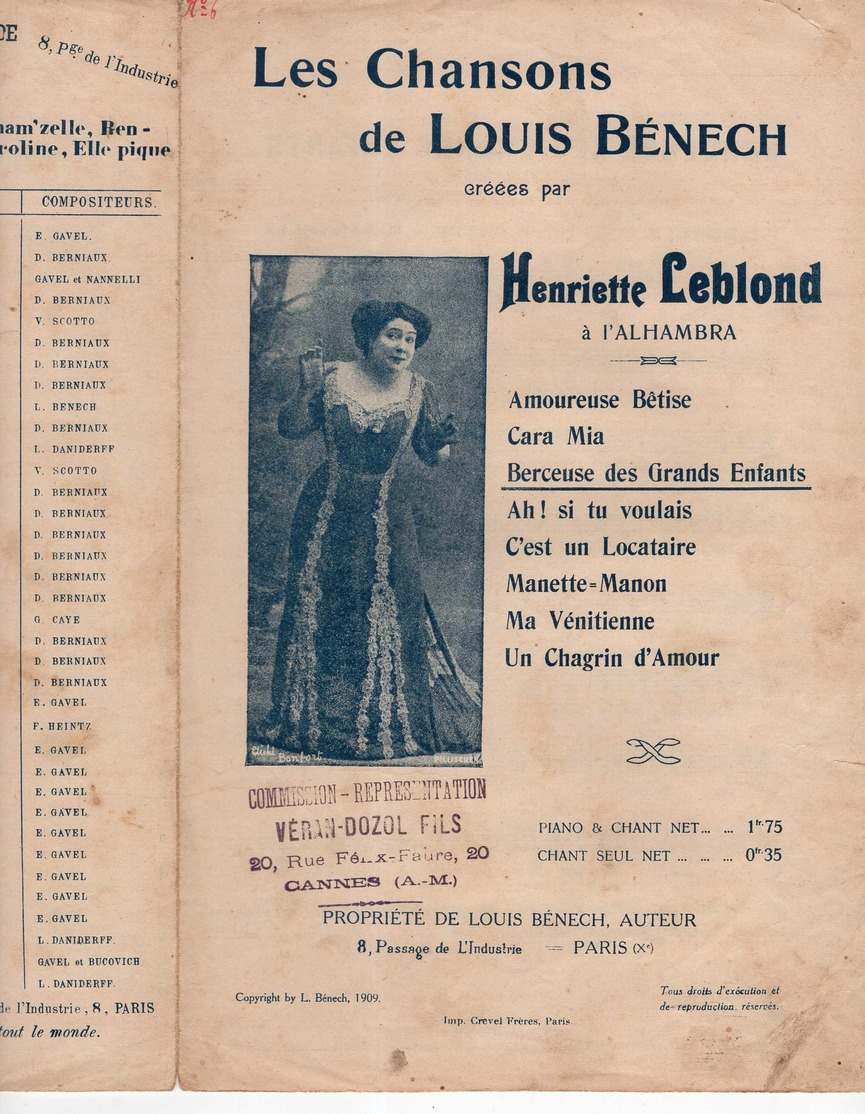 CAF CONC BÉNECH PARTITION BERCEUSE DES GRANDS ENFANTS HENRIETTE LEBLOND ALHAMBRA GAVEL NANNELLI 1909 PHOTO BONFORT - Autres & Non Classés