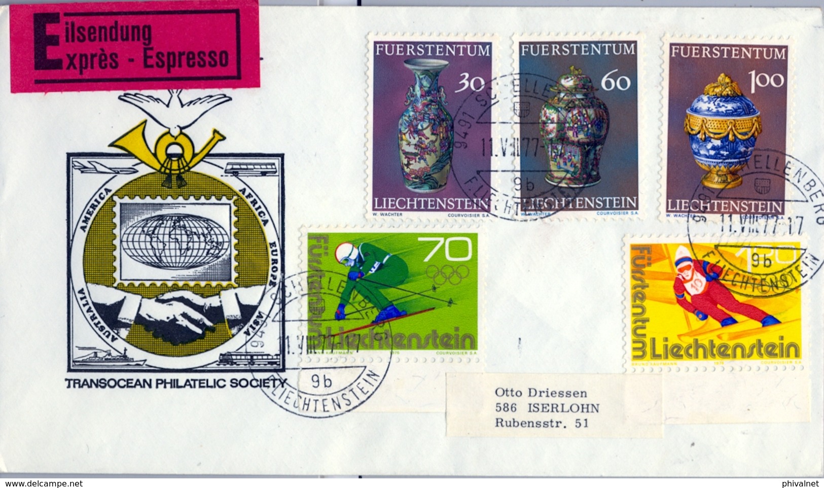 1977 , LIECHTENSTEIN , SOBRE CERTIFICADO , SCHELLENBERG - ISERLOHN - Cartas & Documentos