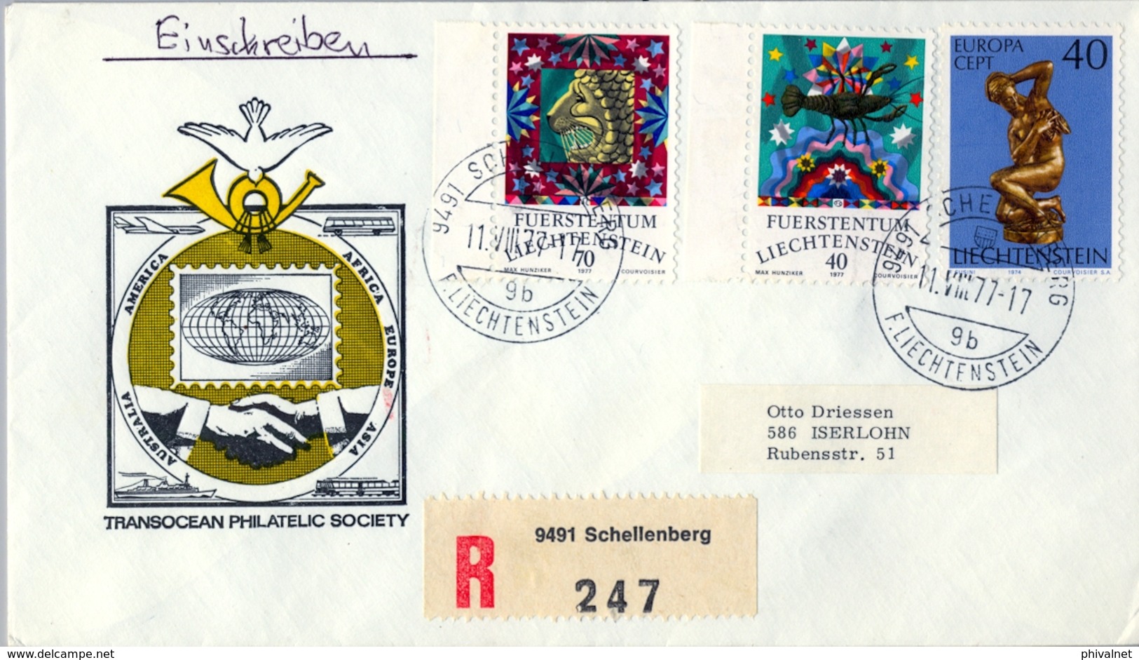 1977 , LIECHTENSTEIN , SOBRE CERTIFICADO , SCHELLENBERG - ISERLOHN - Cartas & Documentos