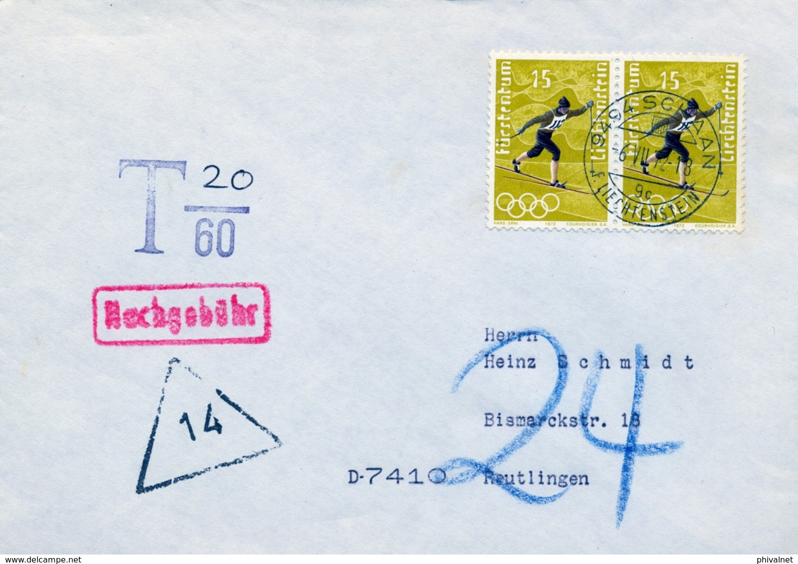 1972 , LIECHTENSTEIN , SOBRE CIRCULADO , SCHAAN - REUTLINGEN , TASADO , FR. ESQUI DE FONDO - Cartas & Documentos