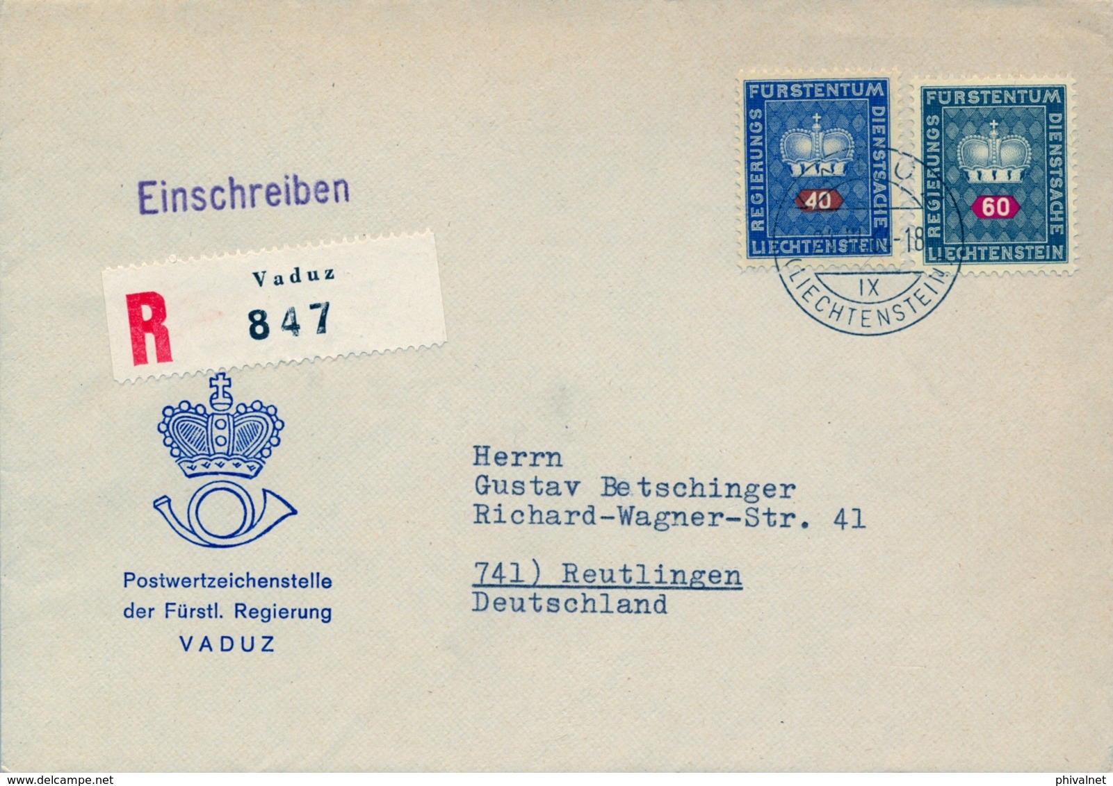 1964 , LIECHTENSTEIN , SOBRE CERTIFICADO , VADUZ - REUTLINGEN - Cartas & Documentos