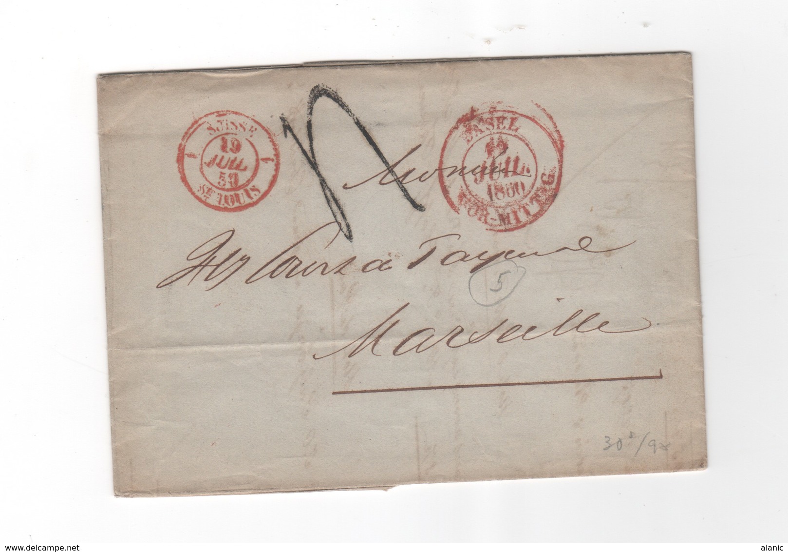 France >  Marques D'entrées- LAC-SUISSE// SAINT LOUIS BALE Pour MARSEILLEJUILLET 1850 - Entry Postmarks