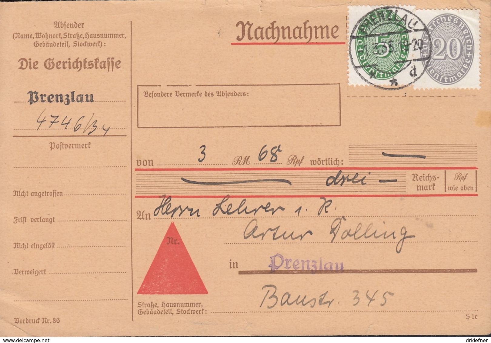 DR Dienst 115, 126 MiF, Auf Nachnahme-Karte Mit Stempel Prenzlau 1.3.1935 - Dienstmarken