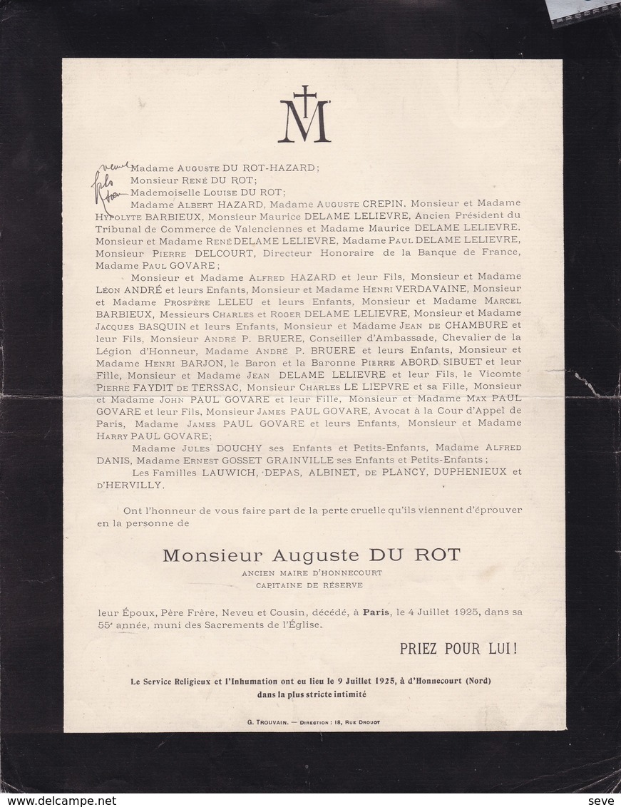 PARIS HONNECOURT Ancien Maire Auguste DU ROT 55 Ans 1925 Familles HAZARD CREPIN LELEU - Overlijden