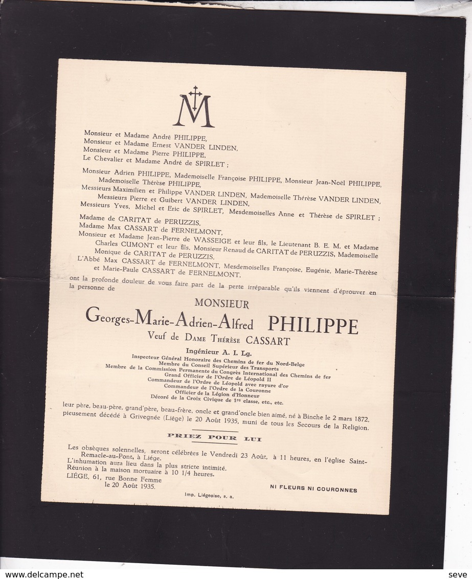 BINCHE GRIVEGNEE Georges PHILIPPE Veuf CASSART 1872-1935  Congrès International Des Chemins De Fer De SPIRLET - Overlijden