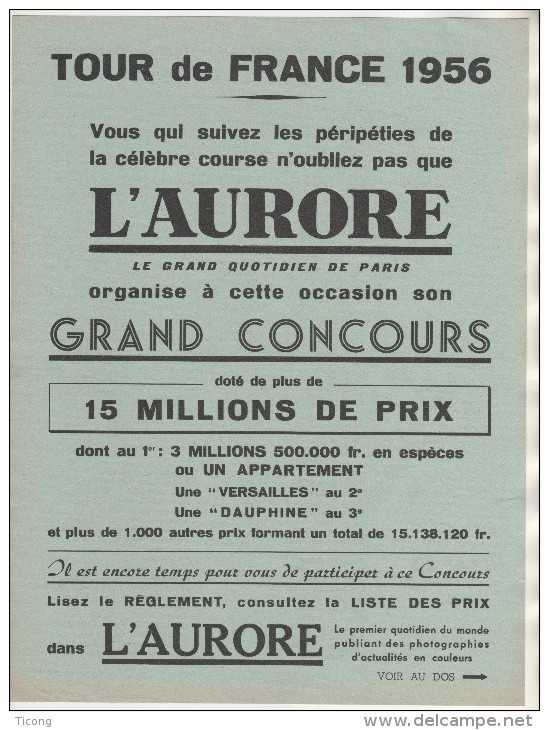 CYCLISME PUBLICITE CONCOURS  TOUR DE FRANCE CYCLISTE  1956 -  ENGAGES, LES ETAPES - JOURNAL L AURORE - VOIR LES SCANNERS - Cyclisme